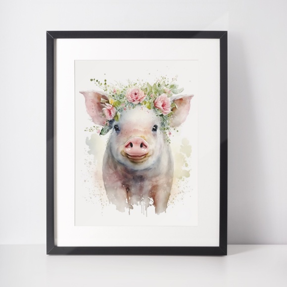 Watercolor Cute Floral Farm Pig Wall Art Illustration Print Poster Unframed - Picture 2 of 7